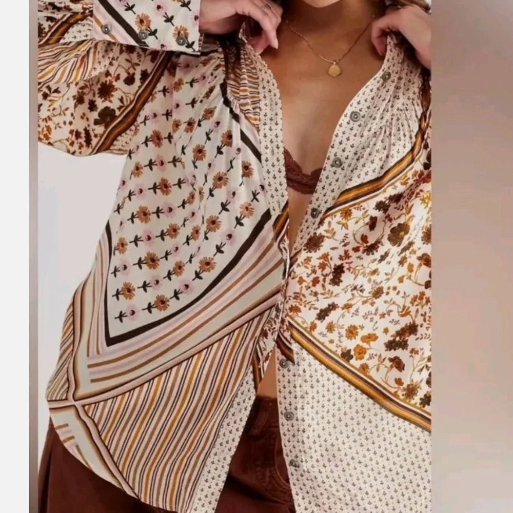 Free People Mixed Floral and Stripe Button-Down Shirt in Cream and Brown - Picture 2 of 8